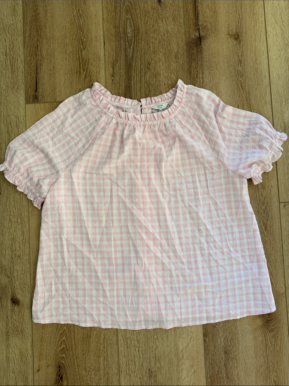 crown & ivy | Light Pink Gingham Ruffle Neck Blouse | back button detail | L